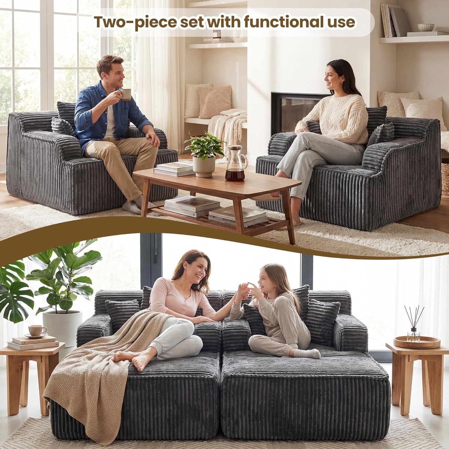 Lifestyle shot of two gray corduroy chaise pieces used as separate chairs and joined into a low sleeper with people