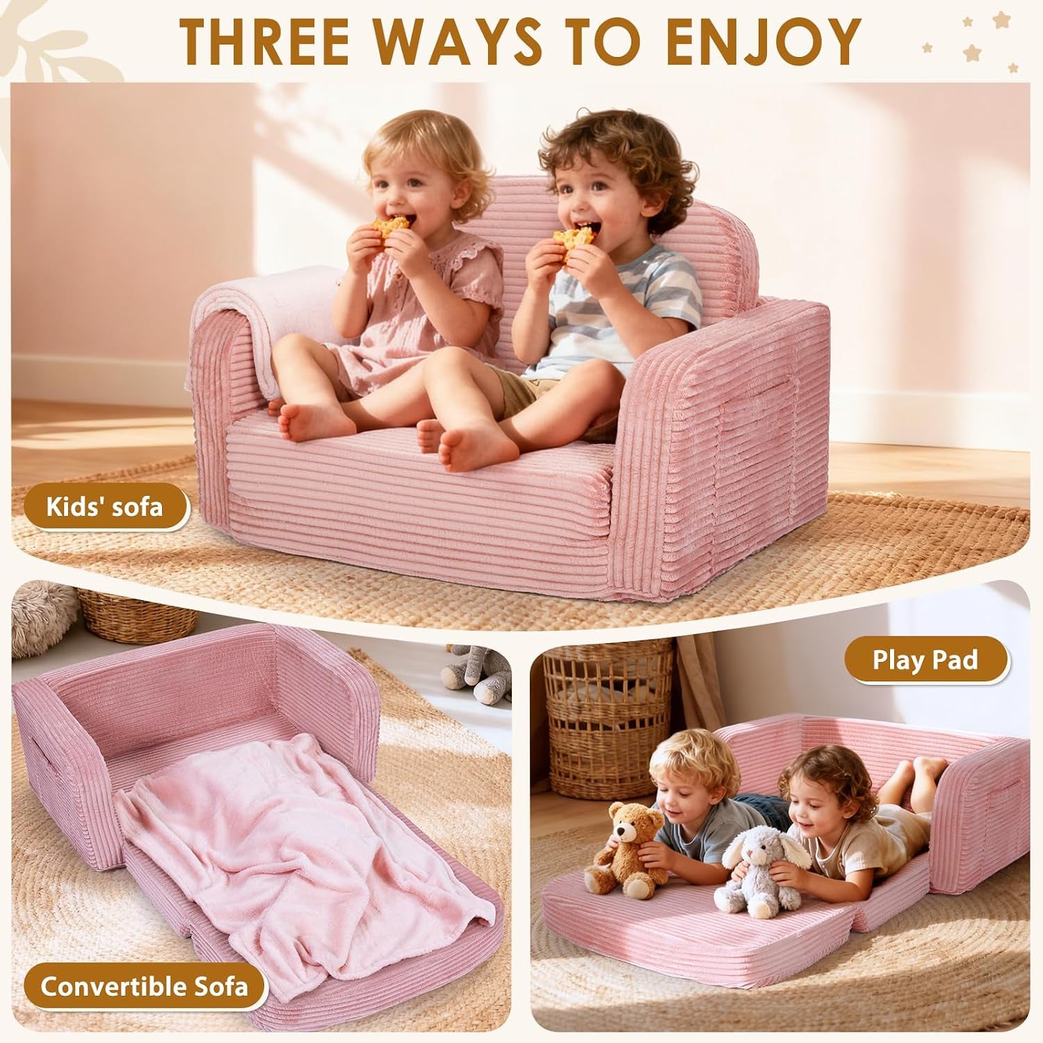 Collage showing kids enjoying the pink sofa as a couch, unfolded convertible bed with blanket, and a play pad.