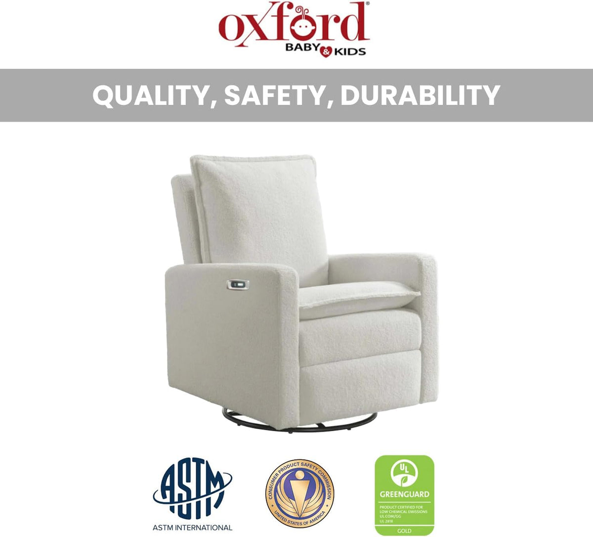 Front three-quarter view of a white boucle glider swivel recliner on a white background.