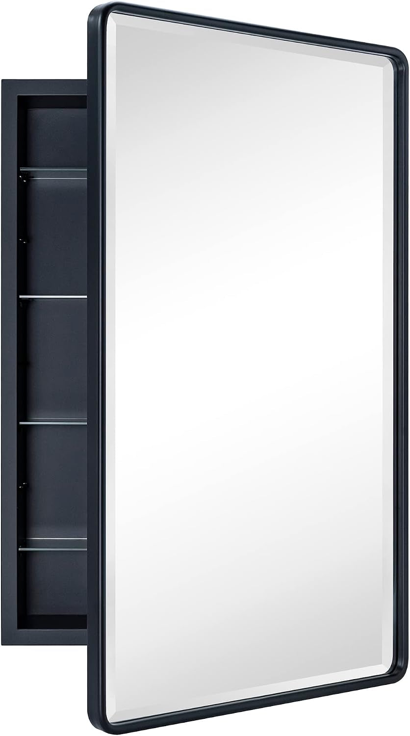 Angled front view showing the tall mirrored door and subtle inner bevel detail on the glass
