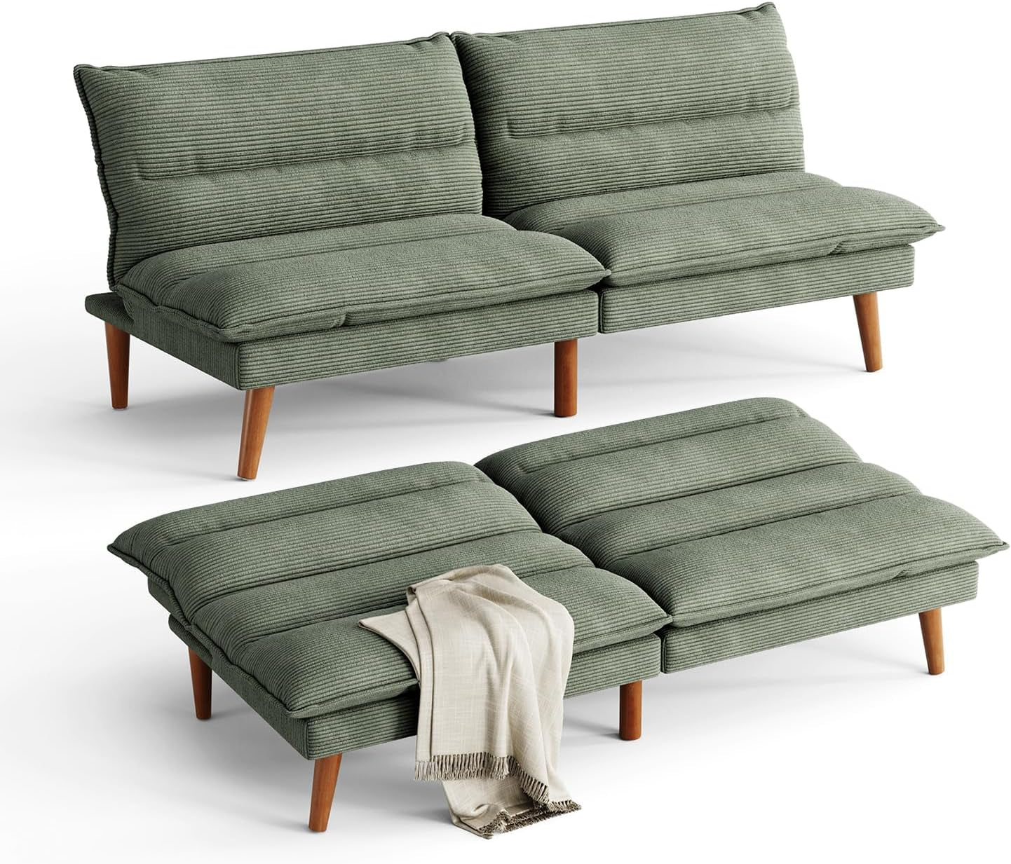 Green corduroy futon displayed as a two-seat sofa and also laid flat as a double sleeping surface, wooden legs visible.