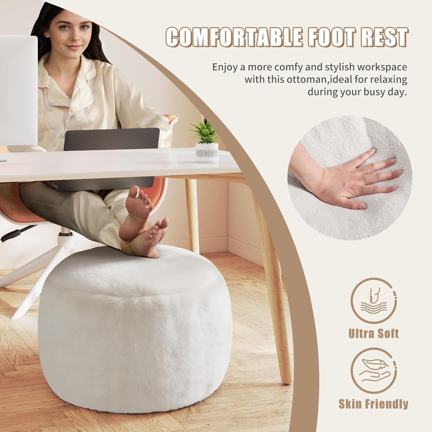 White pouf shown under a desk with an inset of a hand pressing the plush top and soft-product icons