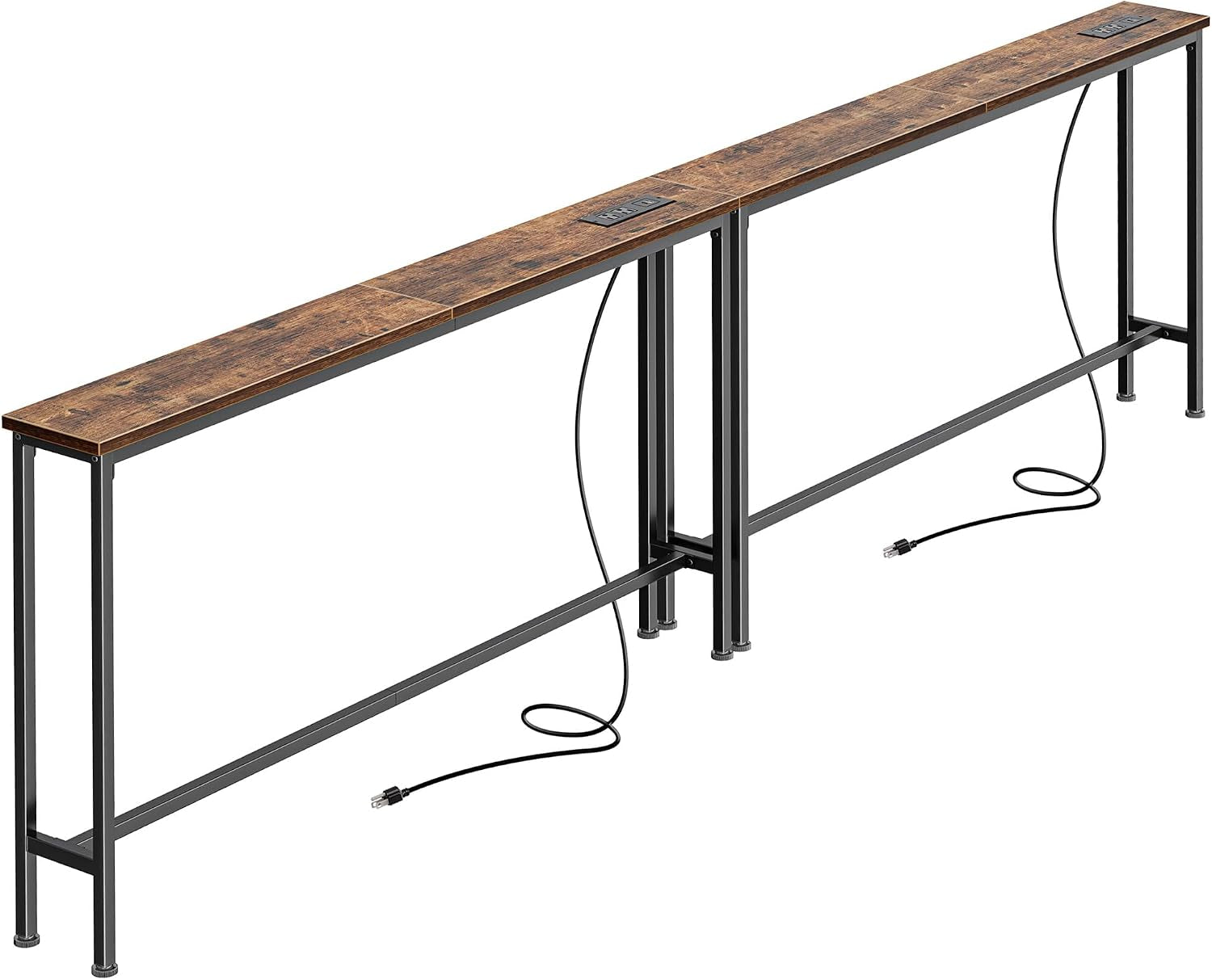 Long narrow console table with rustic brown wood top, black metal frame and exposed power cords