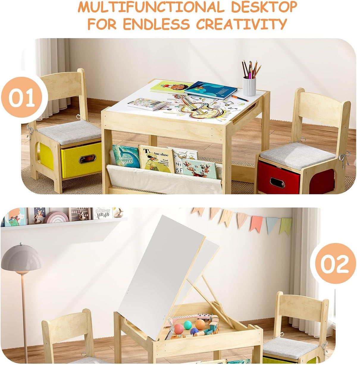 Square wooden activity table shown as a flat desktop with two matching chairs and fabric book pocket below