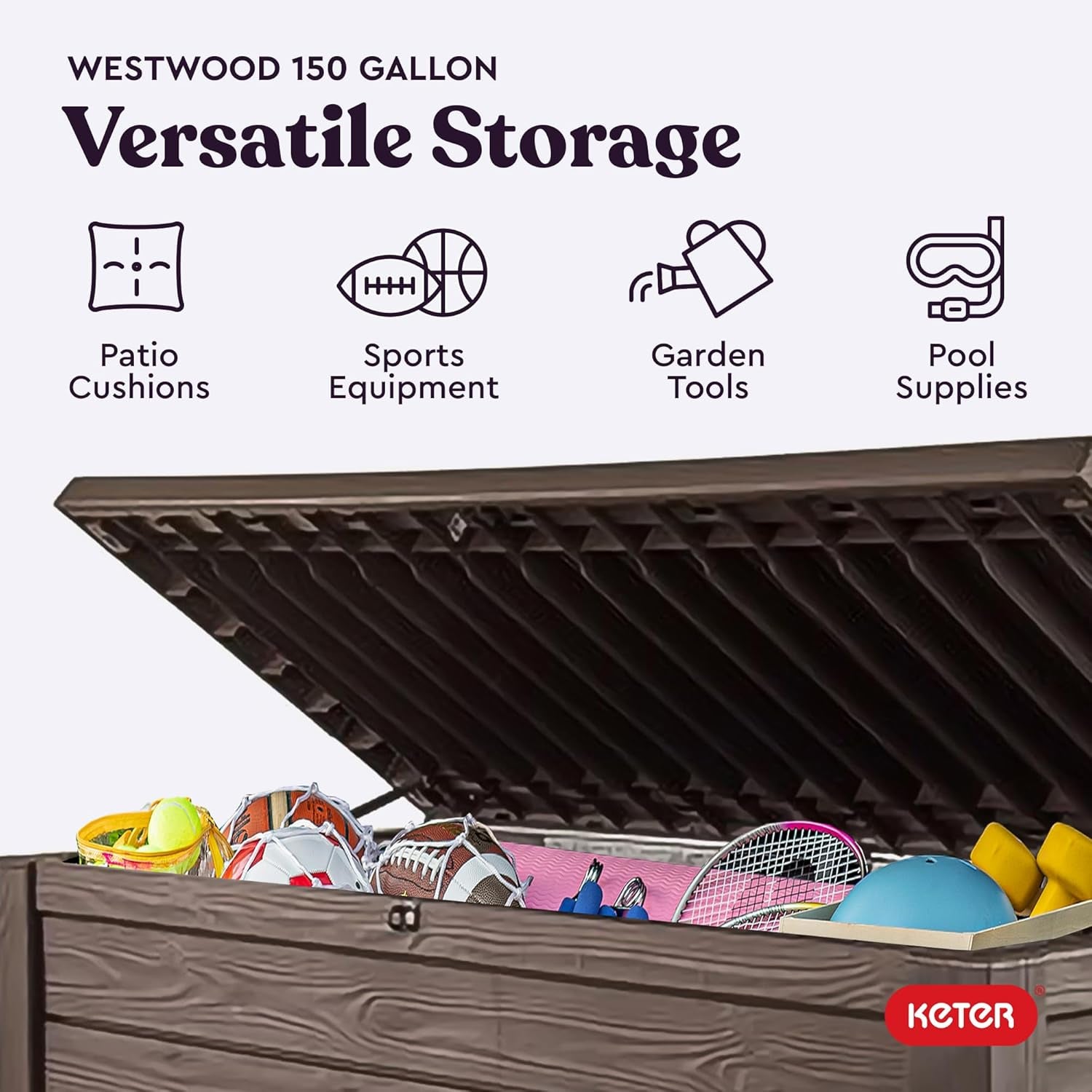Close-up of an open brown resin deck box filled with sports equipment and pool supplies