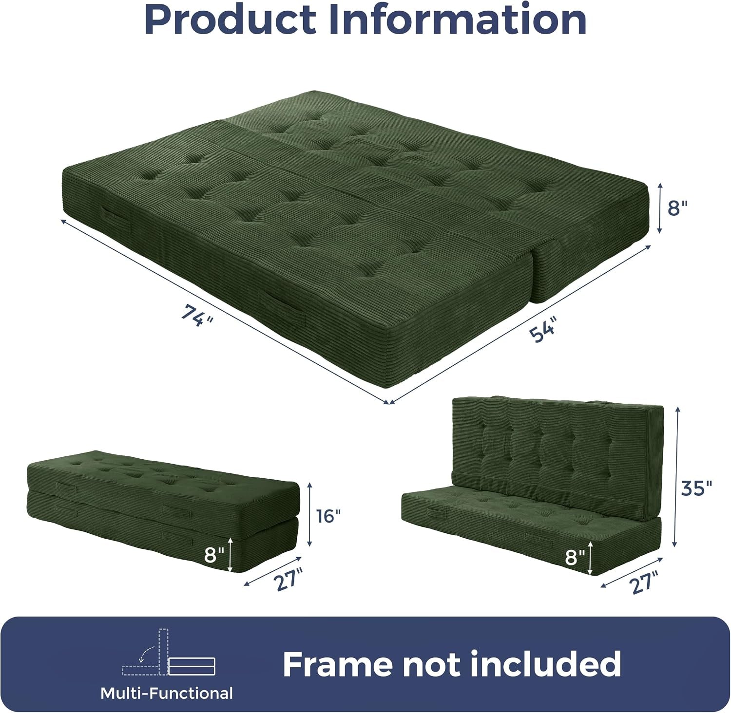 Top-down view of dark green foldable futon mattress laid flat showing tufted buttons and fold lines with dimensional graphics