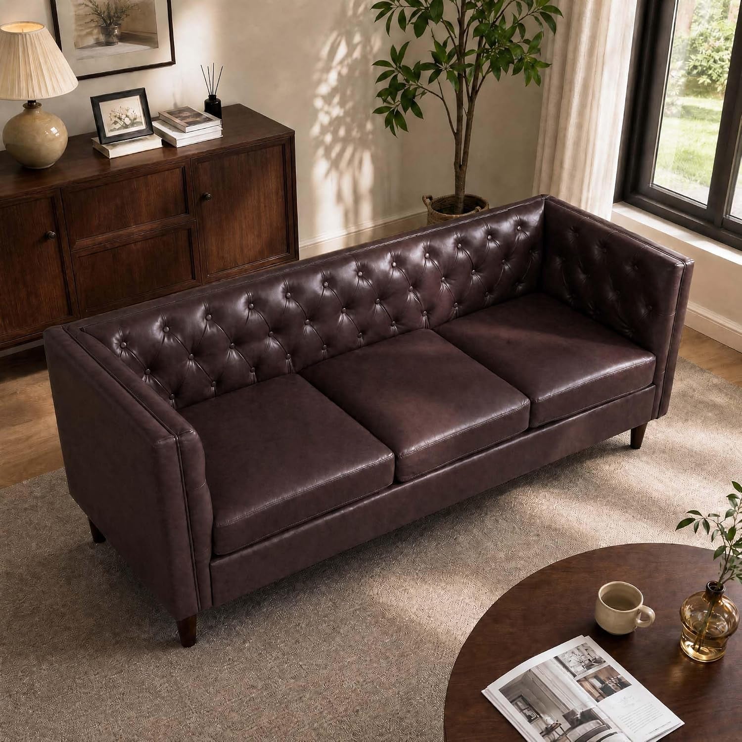 81'' Modern Leather Couch for Living Room, Mid Century Leather Sofa with Deep Seat, Handmade Button Tufted Sofa, Chesterfield 3 Seat Couch for Apartment, Office, Brown