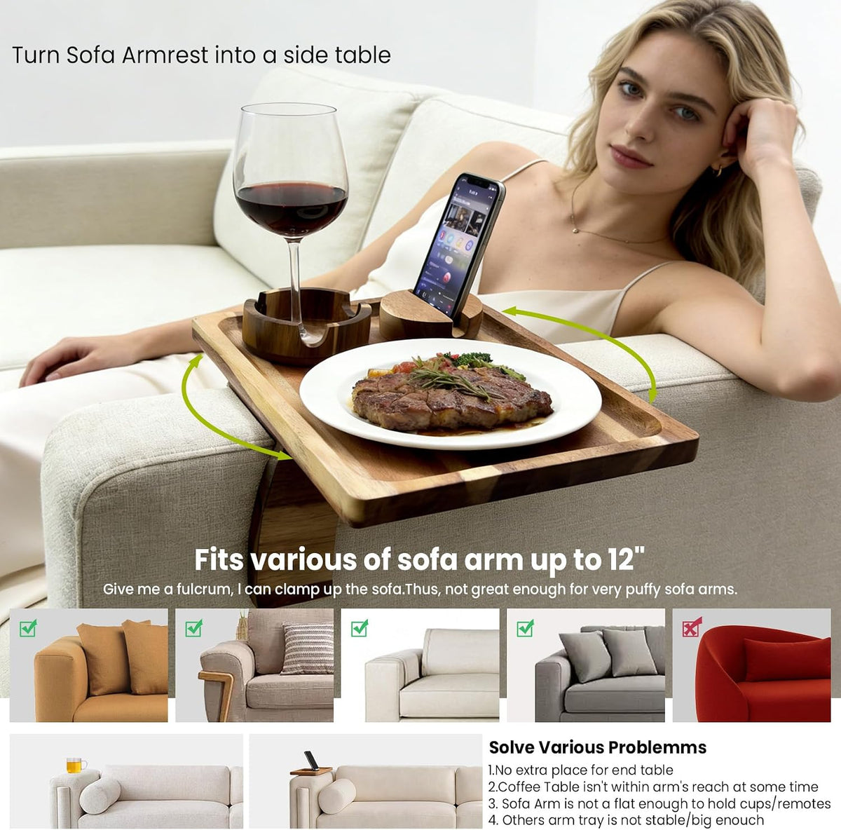 Sofa arm tray mounted on armrest showing 360° rotation arrows and fit for arm widths up to 12 inches