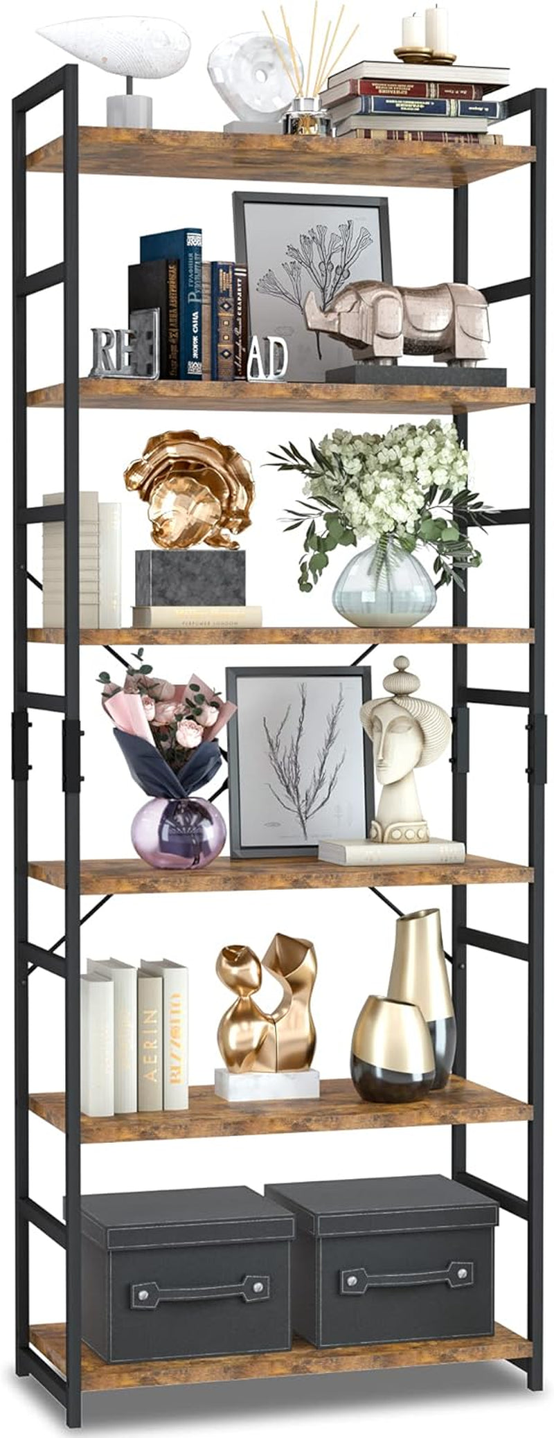 Tall five-shelf unit with black frame and rustic wood-look shelves styled with decor and storage boxes.