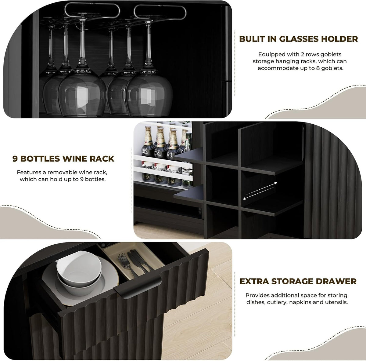 Top-down view of the fluted cabinet showing the 47.2-inch top surface, open storage drawer and central wine grid