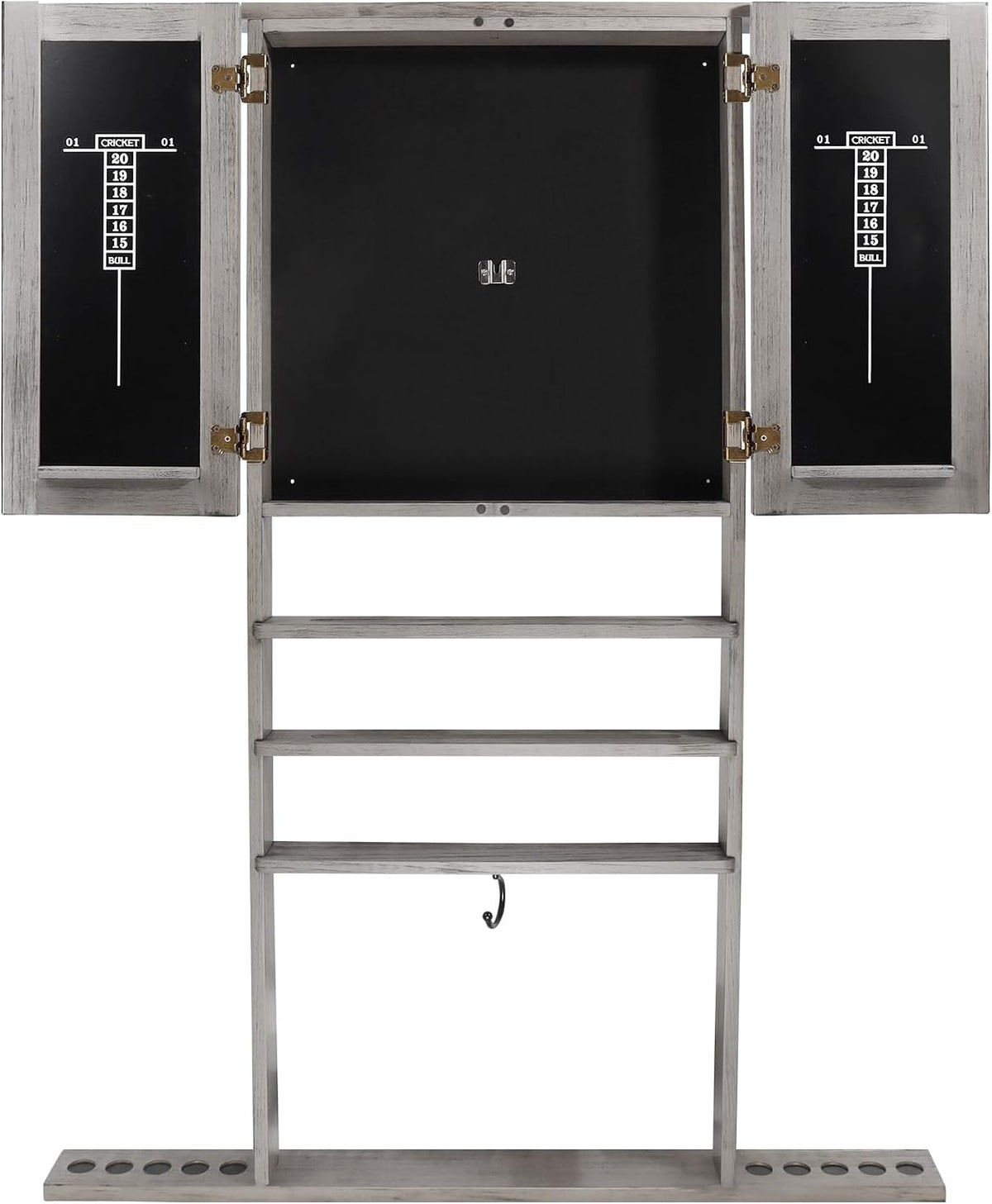 Open light-gray wall cabinet showing black dartboard backing and scoring panels on each inner door.