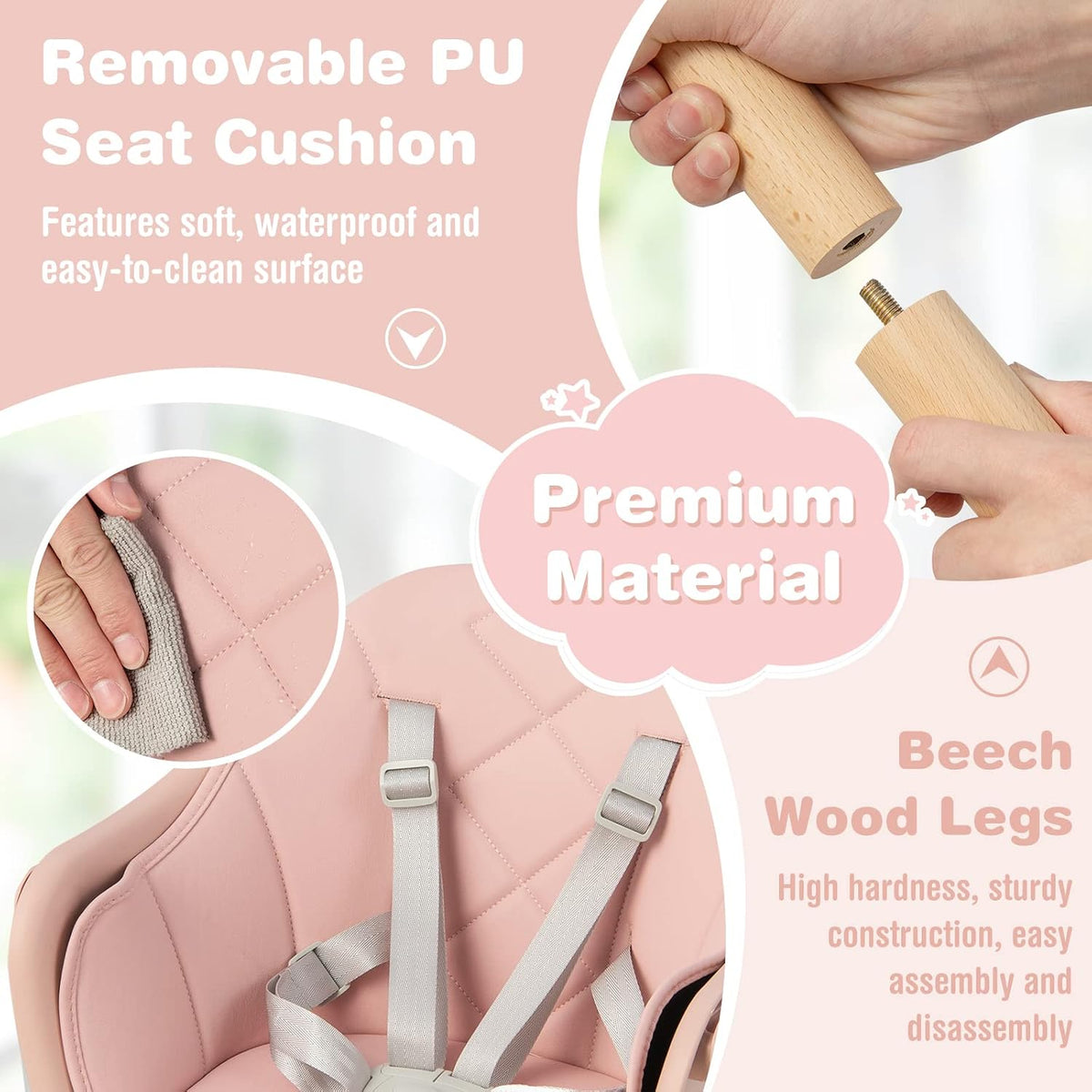 Close-up shots of pink quilted PU seat, harness straps and a hand screwing in a beech wood leg.