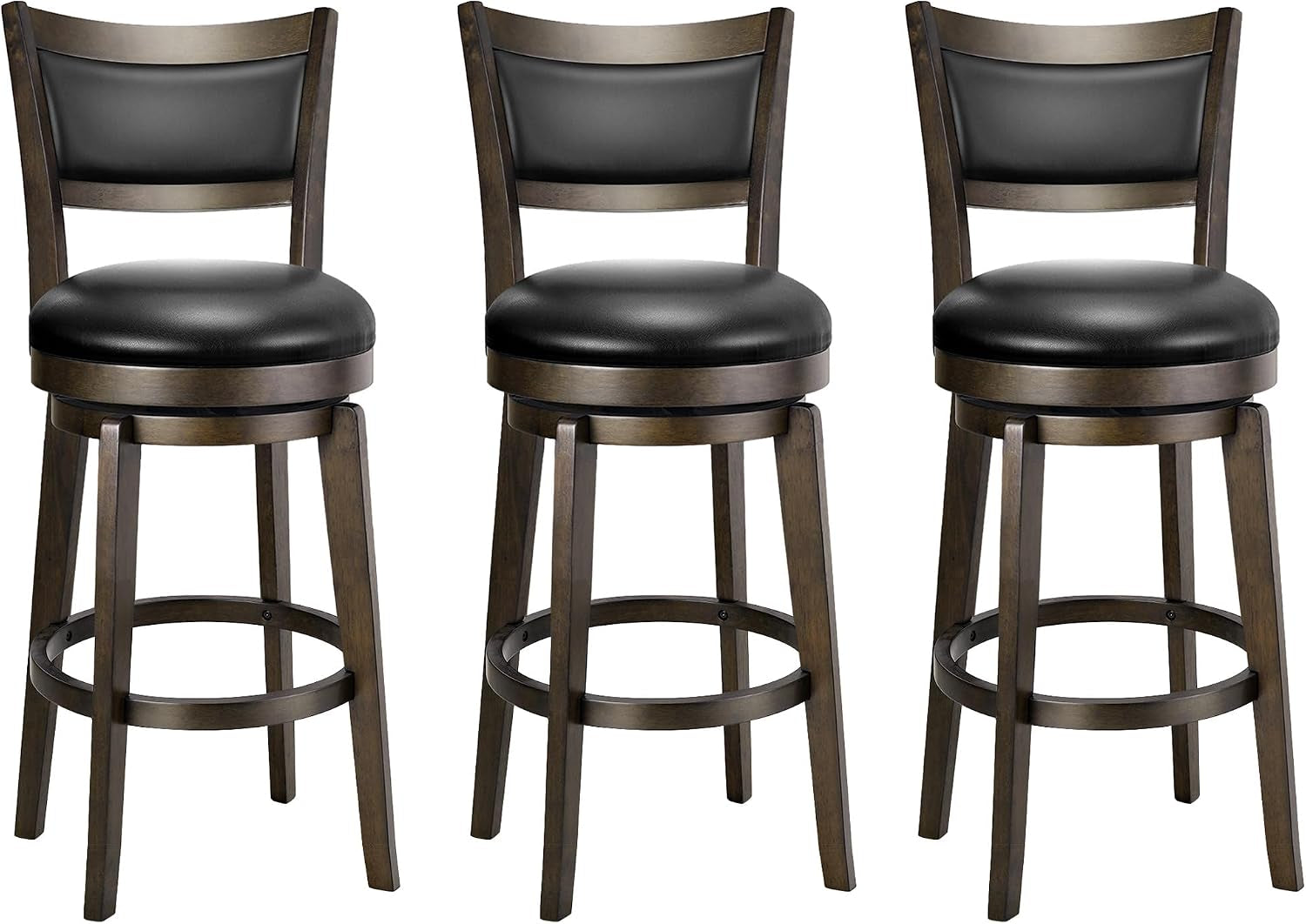 Three identical wooden swivel bar stools with black padded seats shown front-facing on white background.