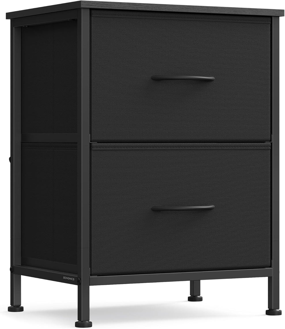 Black 2-drawer bedside chest angled front view showing fabric drawers and steel legs