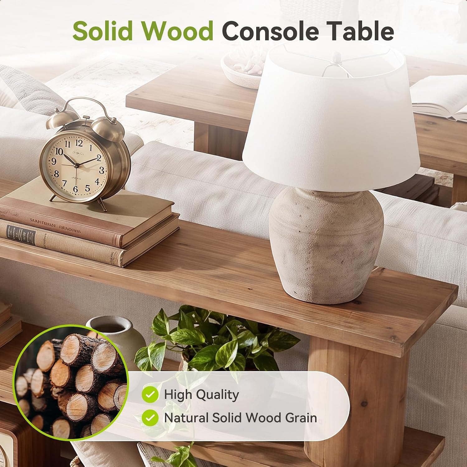 Close-up of the console table top showing natural solid wood grain and text overlay about high quality wood