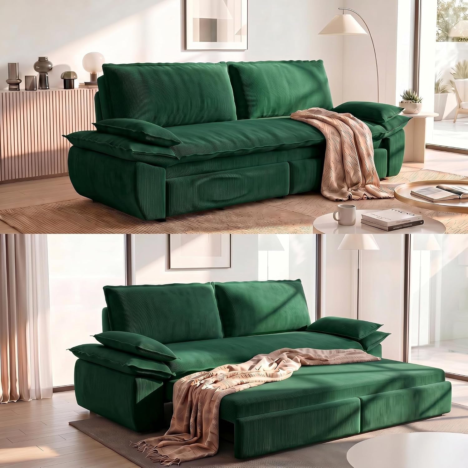 Emerald green corduroy sofa staged in a bright living room; below, the bed pulled out with a draped blanket.