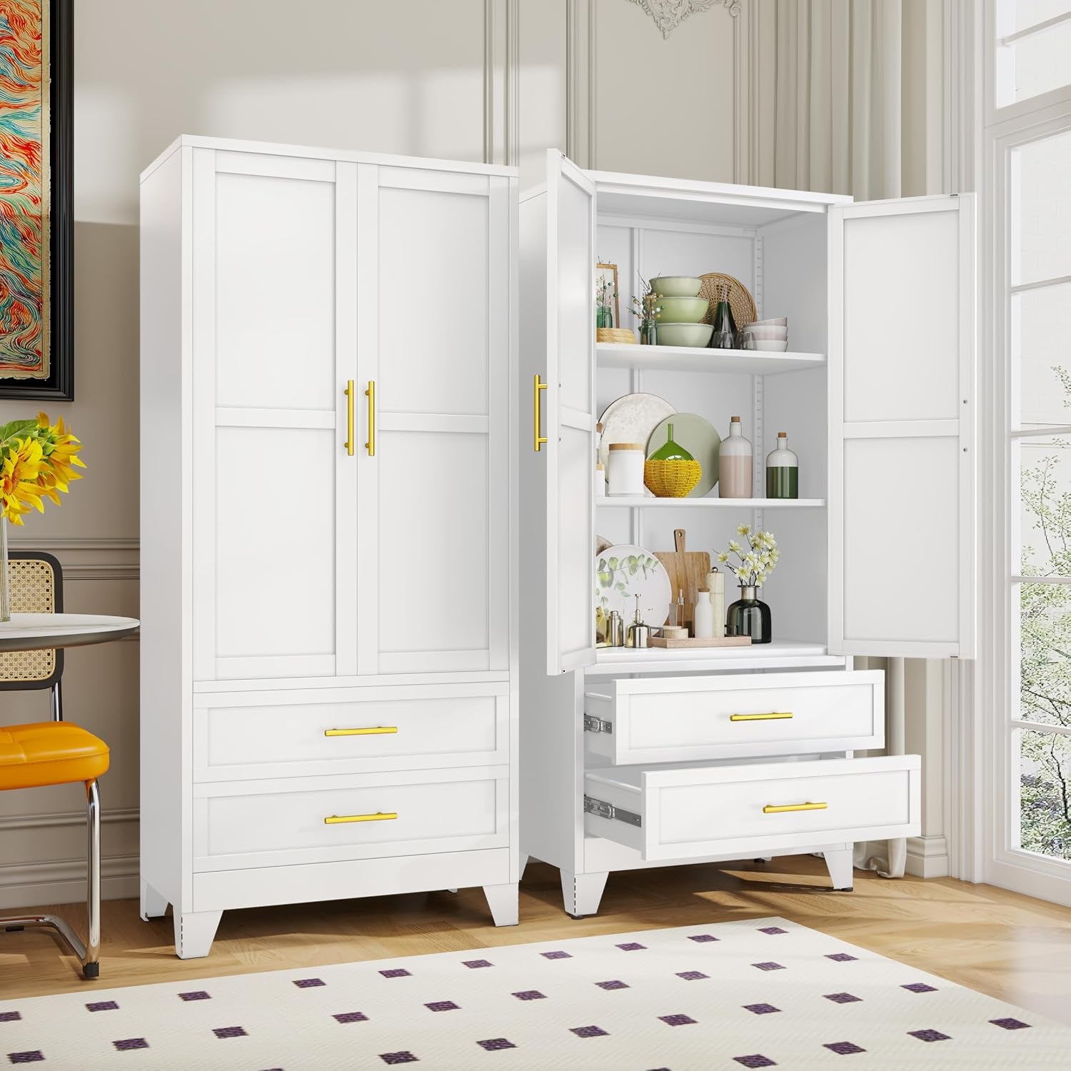 Two white wardrobes; right unit open showing three interior shelves staged with dishes and two partially open drawers below.
