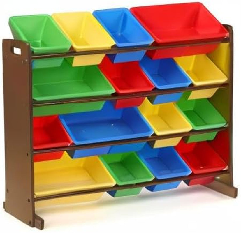 Studio view of a four-tier organizer with 16 red, blue, yellow and green bins in a brown frame.