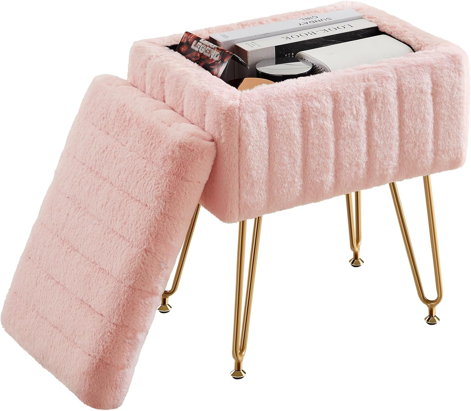 Light pink faux-fur ottoman showing removable lid leaning against the leg and interior storage with items