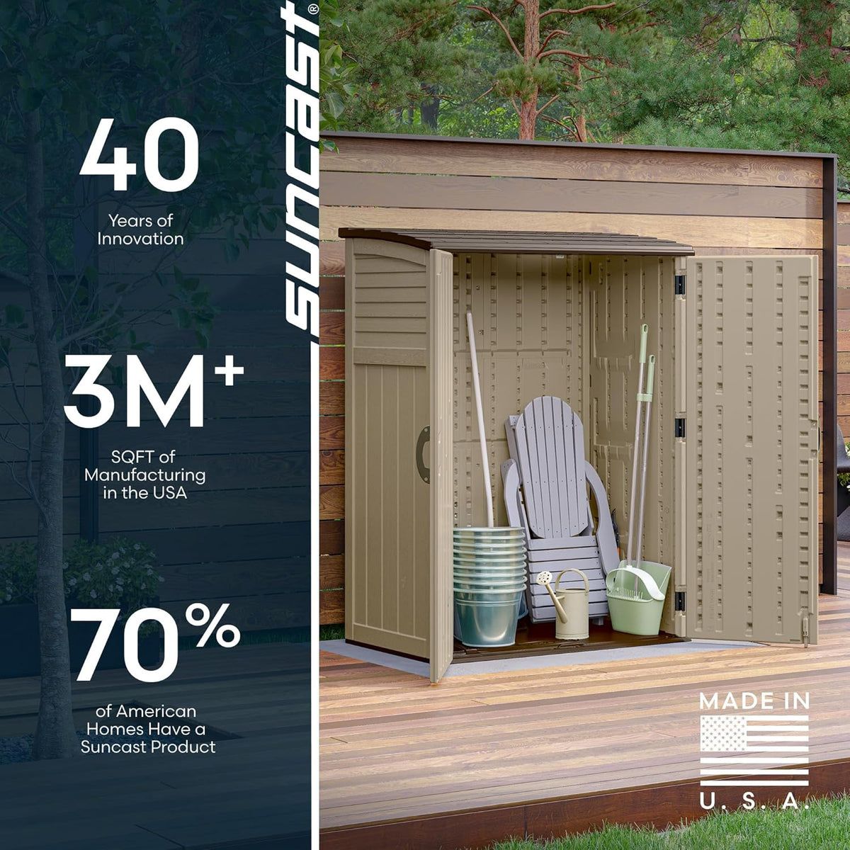 Beige vertical outdoor storage cabinet with both doors open on a wooden deck holding chairs and gardening tools