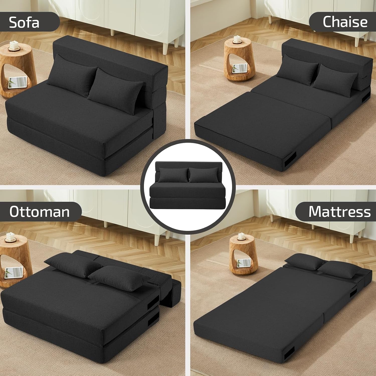 Four layouts collage showing sofa, chaise, ottoman and mattress configurations in dark gray