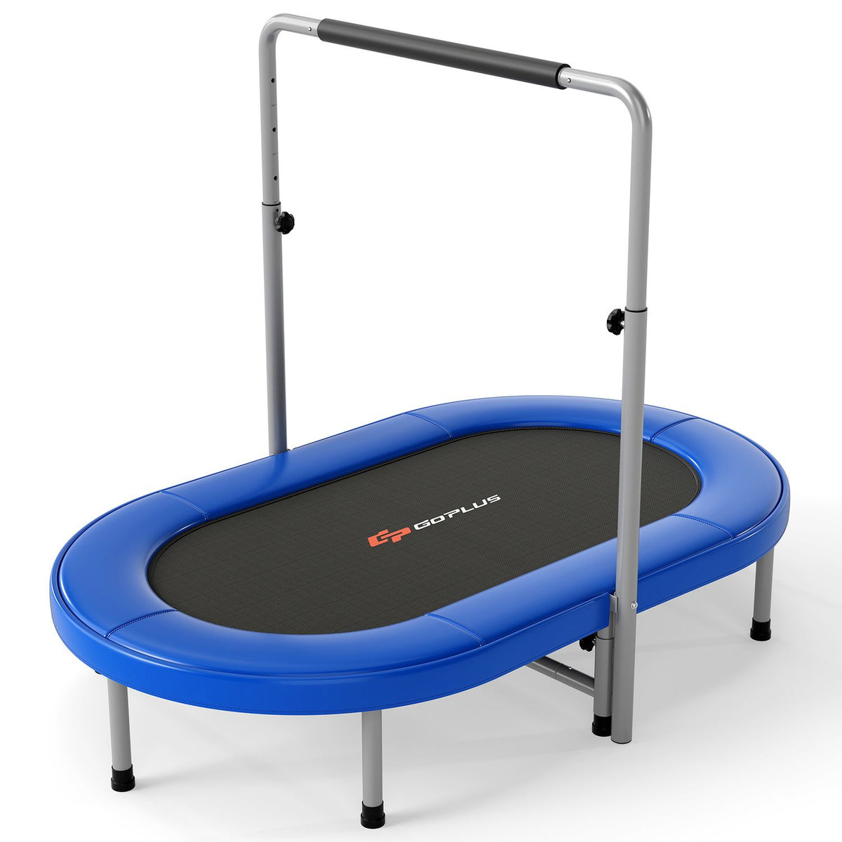 A blue oval trampoline with a black jumping surface and padded handle, shown against a white background.