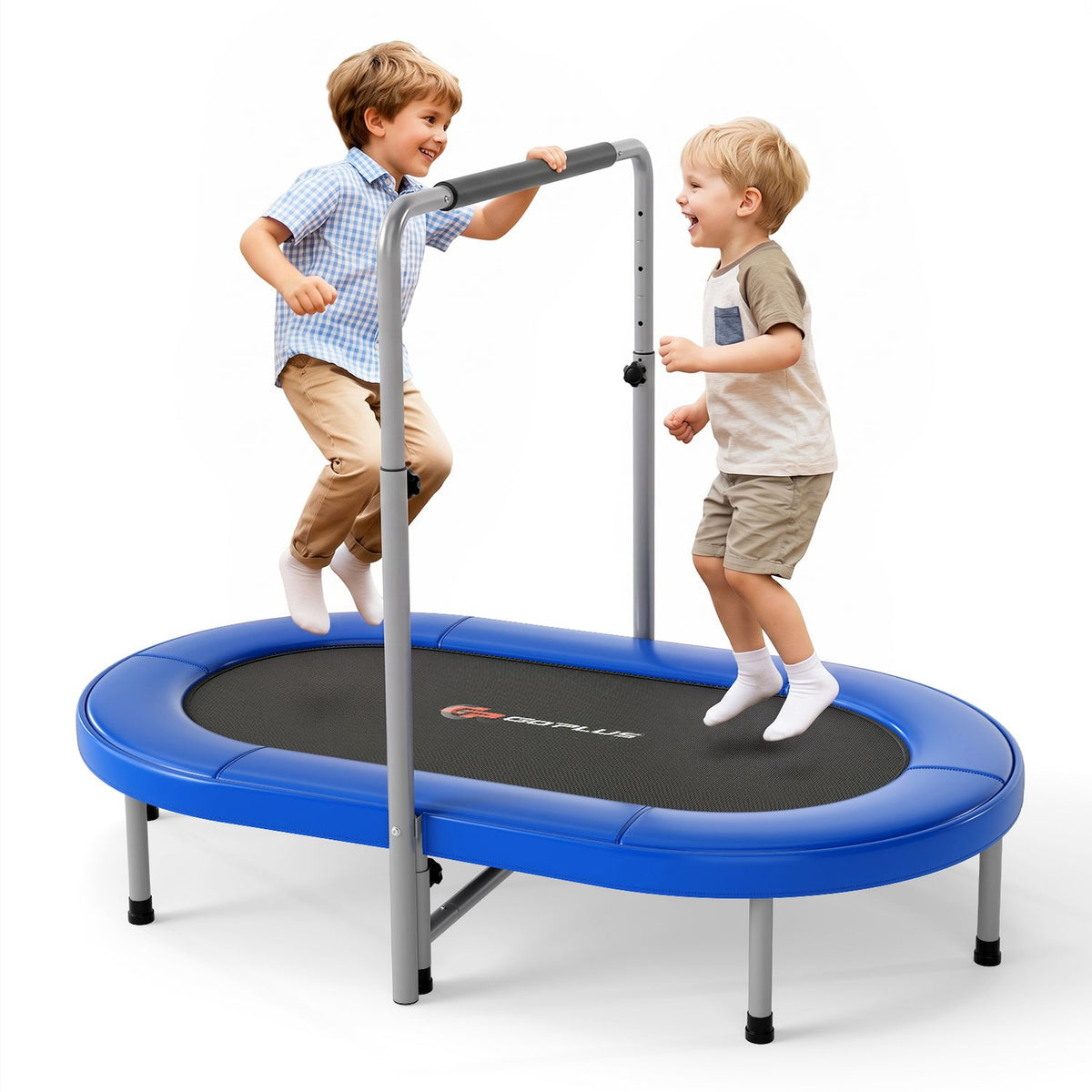 Two children bounce on a blue trampoline, with one holding its padded handle, against a white background.