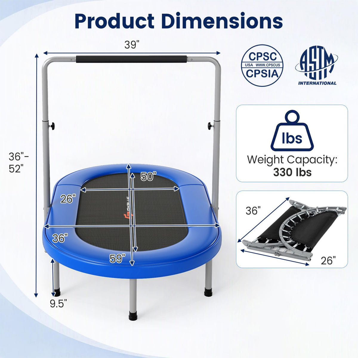 Blue trampoline with a handlebar, shown with measurement arrows and a folded view.