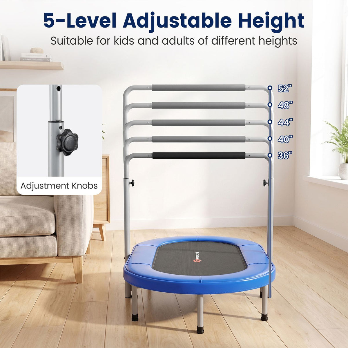 Blue trampoline with five handlebar height positions illustrated beside a close-up of an adjustment knob.