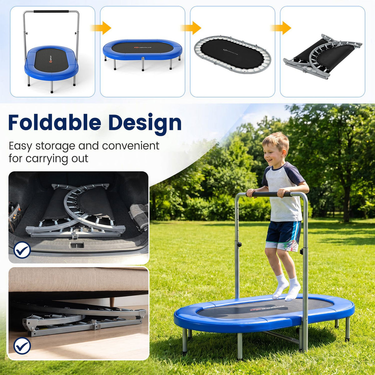 A child uses the blue trampoline while smaller panels show it folded for storage in a car and beneath furniture.