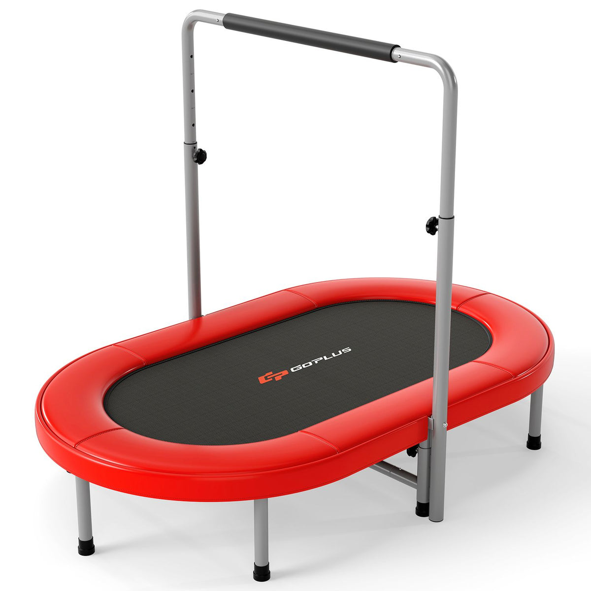 A red oval trampoline with a black jumping surface and padded support bar, shown against a white background.