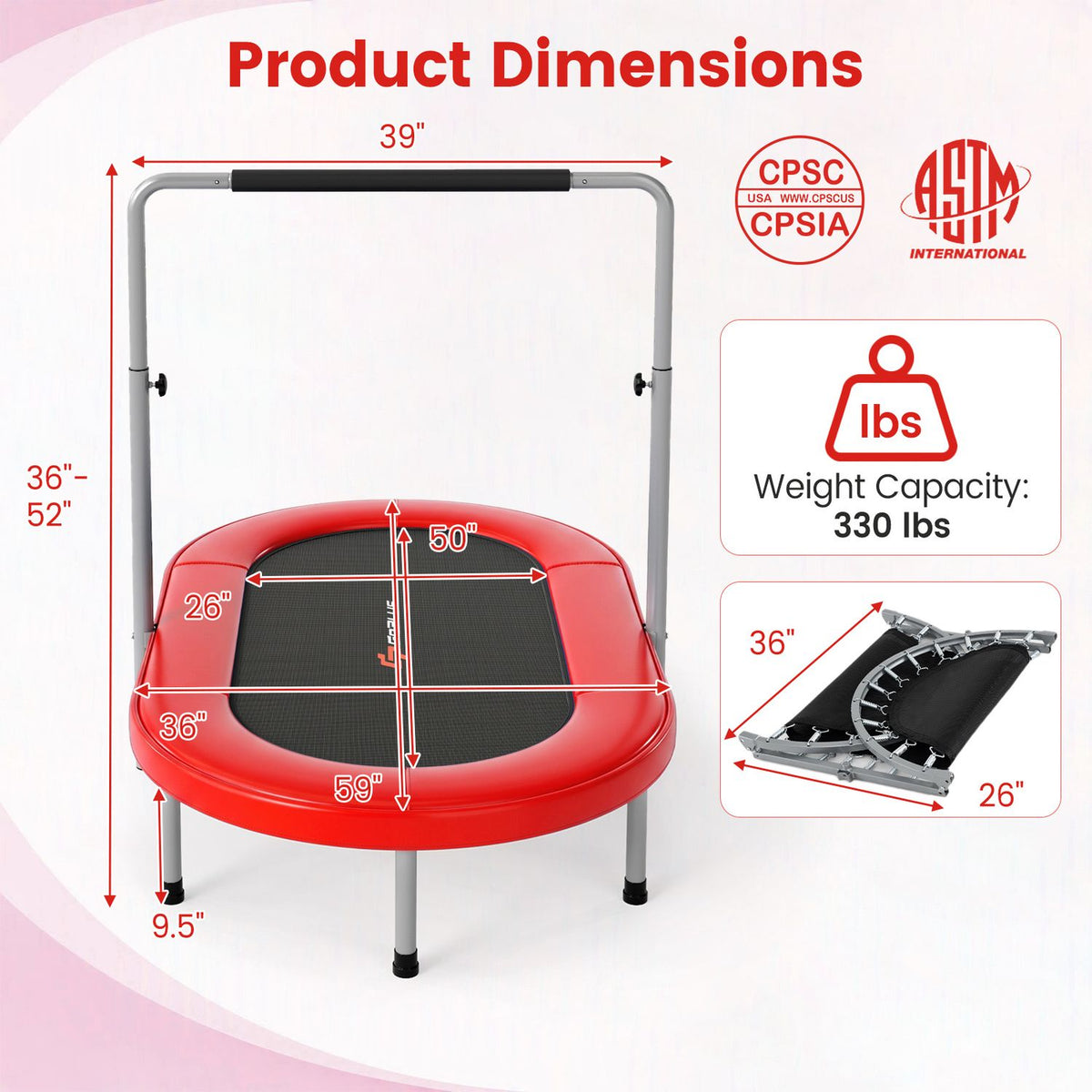 Red oval trampoline with a gray handlebar shown with measurement arrows and a folded view.