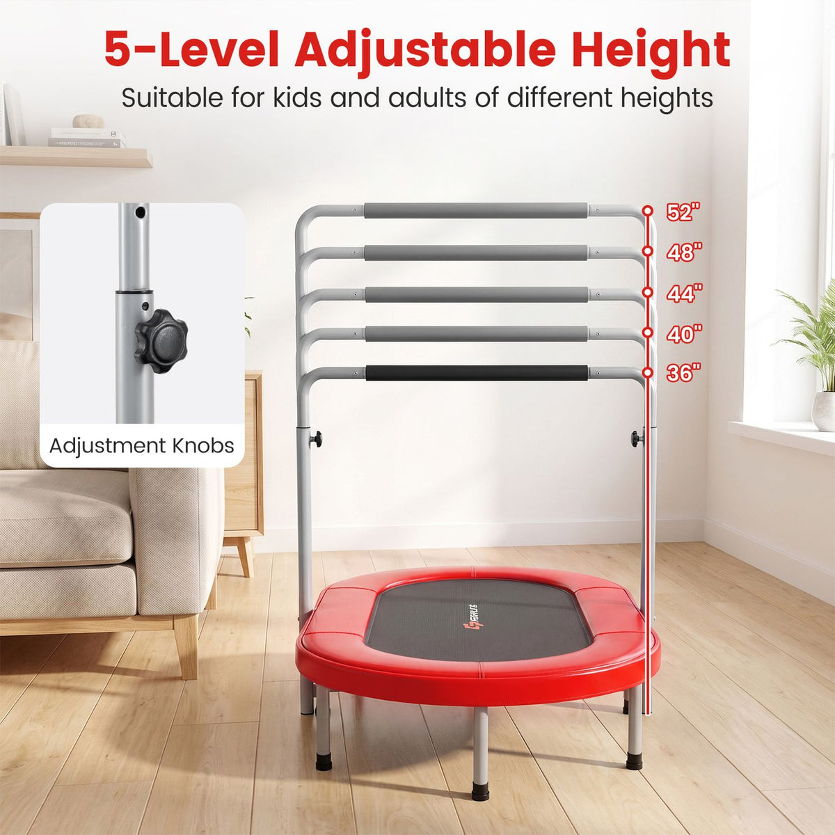 Red trampoline in a living room with several handlebar heights illustrated above it.