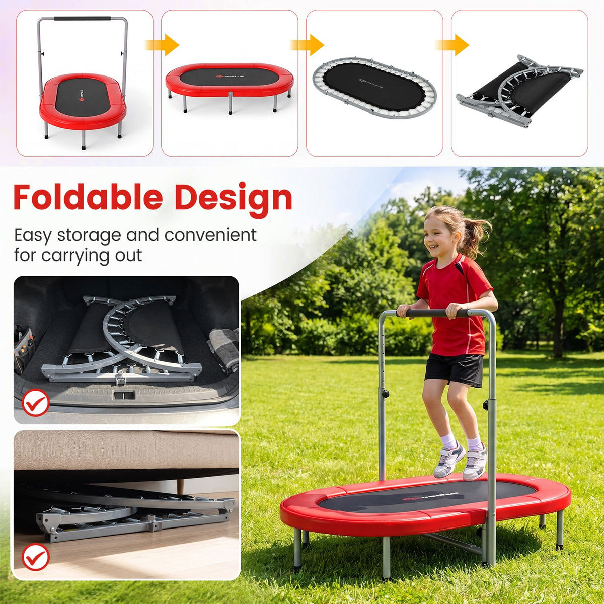 Trampoline folding into a compact frame, with storage examples and a child jumping outdoors.