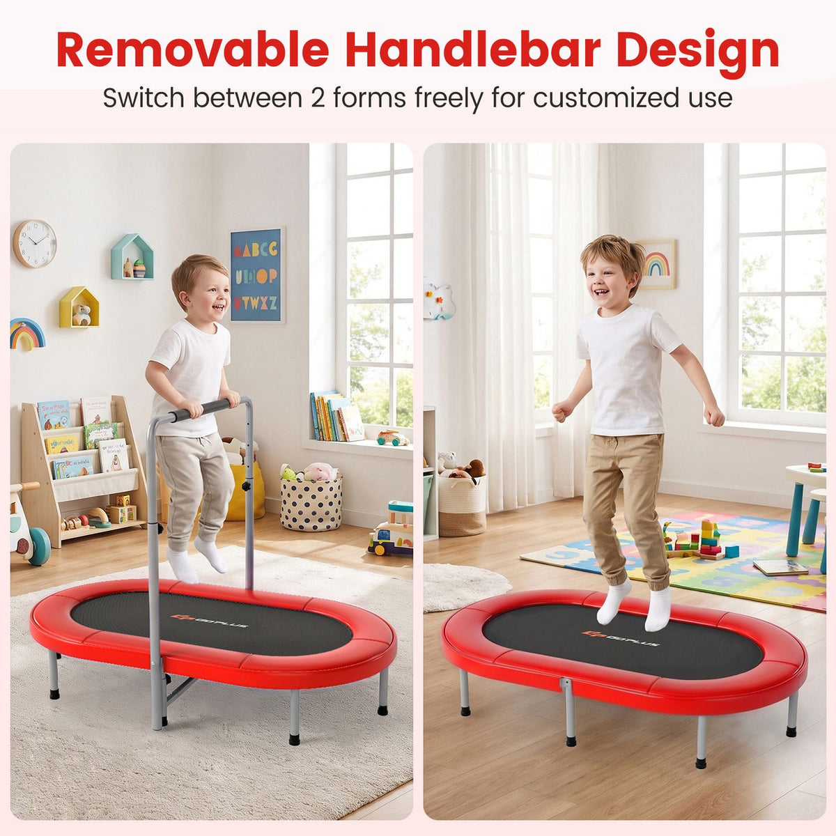 Two children jump on the trampoline, shown once with its handlebar and once without.