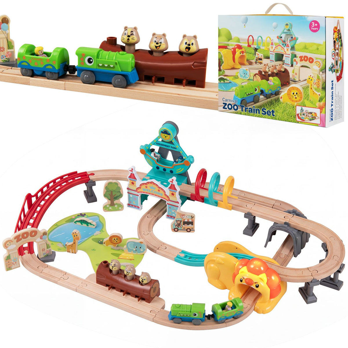 A wooden train track set with colorful trains, animal figures, a tower, and a lion tunnel.