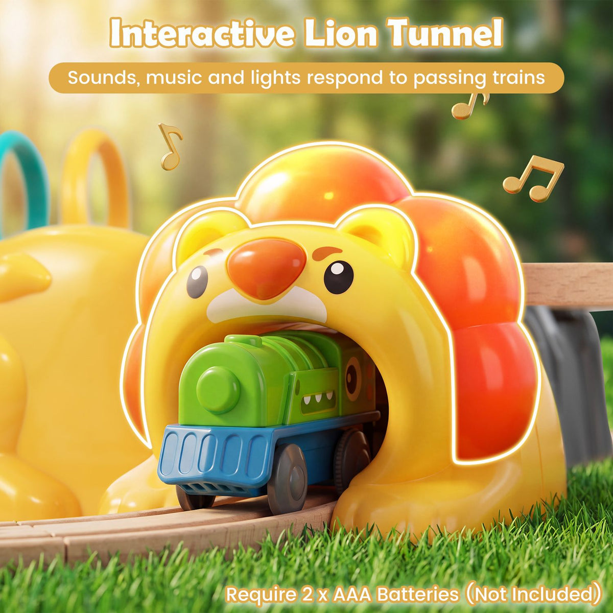 A blue train passes through a bright lion-shaped tunnel, with musical notes illustrated nearby.