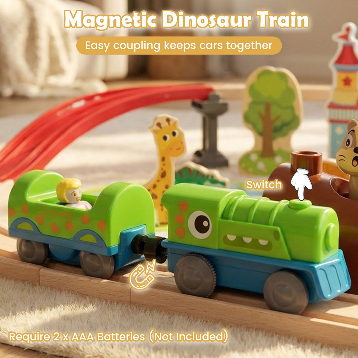 Green magnetic train cars on wooden track, with a giraffe figure and red elevated track behind them.