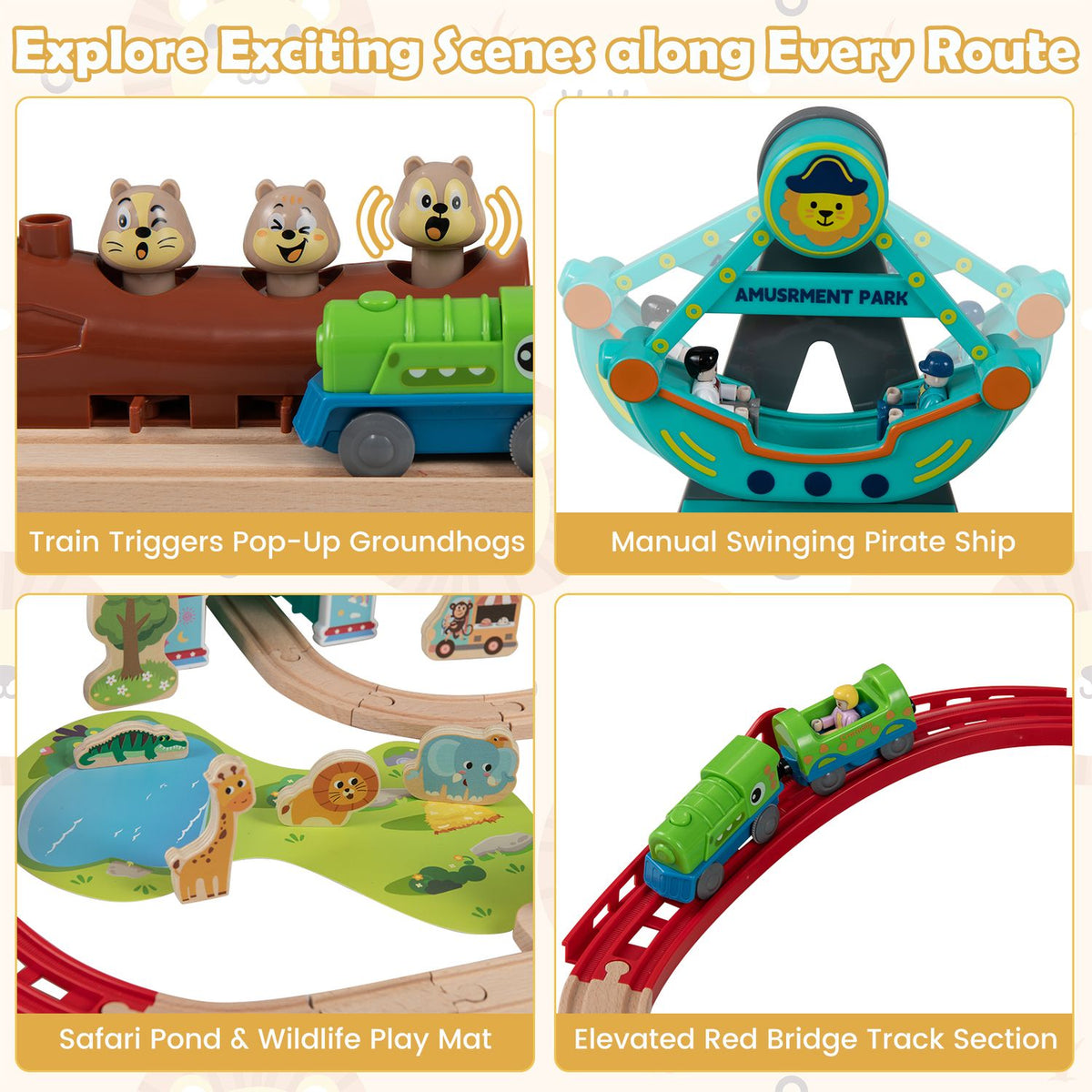 Panels show pop-up groundhogs, a swinging pirate ship, a safari play mat, and a train crossing a red bridge.