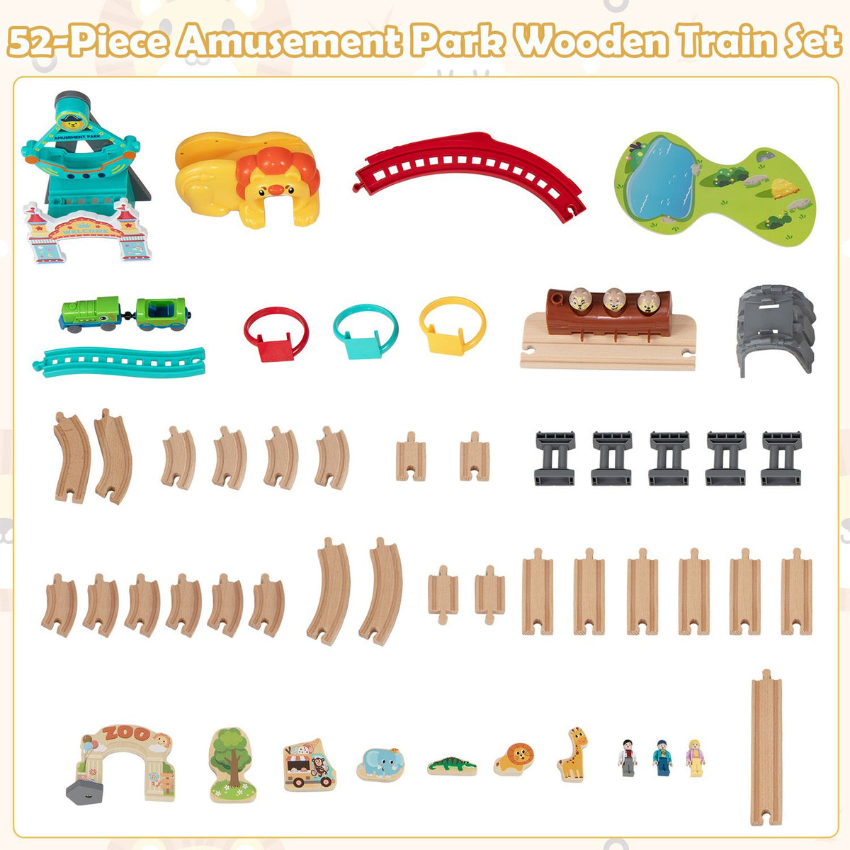 Train set components arranged in rows, including track sections, vehicles, figures, scenery, and play accessories.