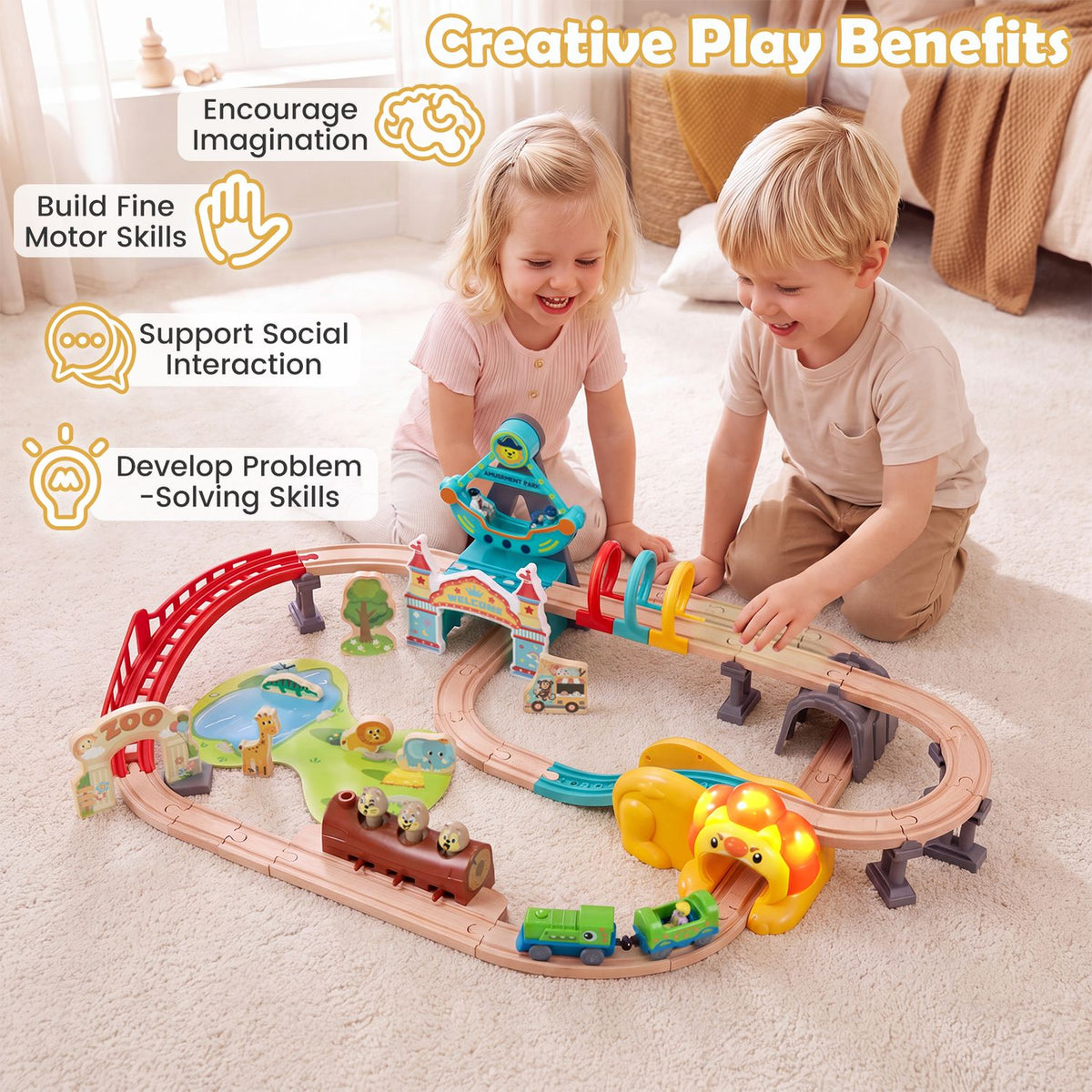 Two children play with a wooden train set and colorful scenery arranged on the carpet.