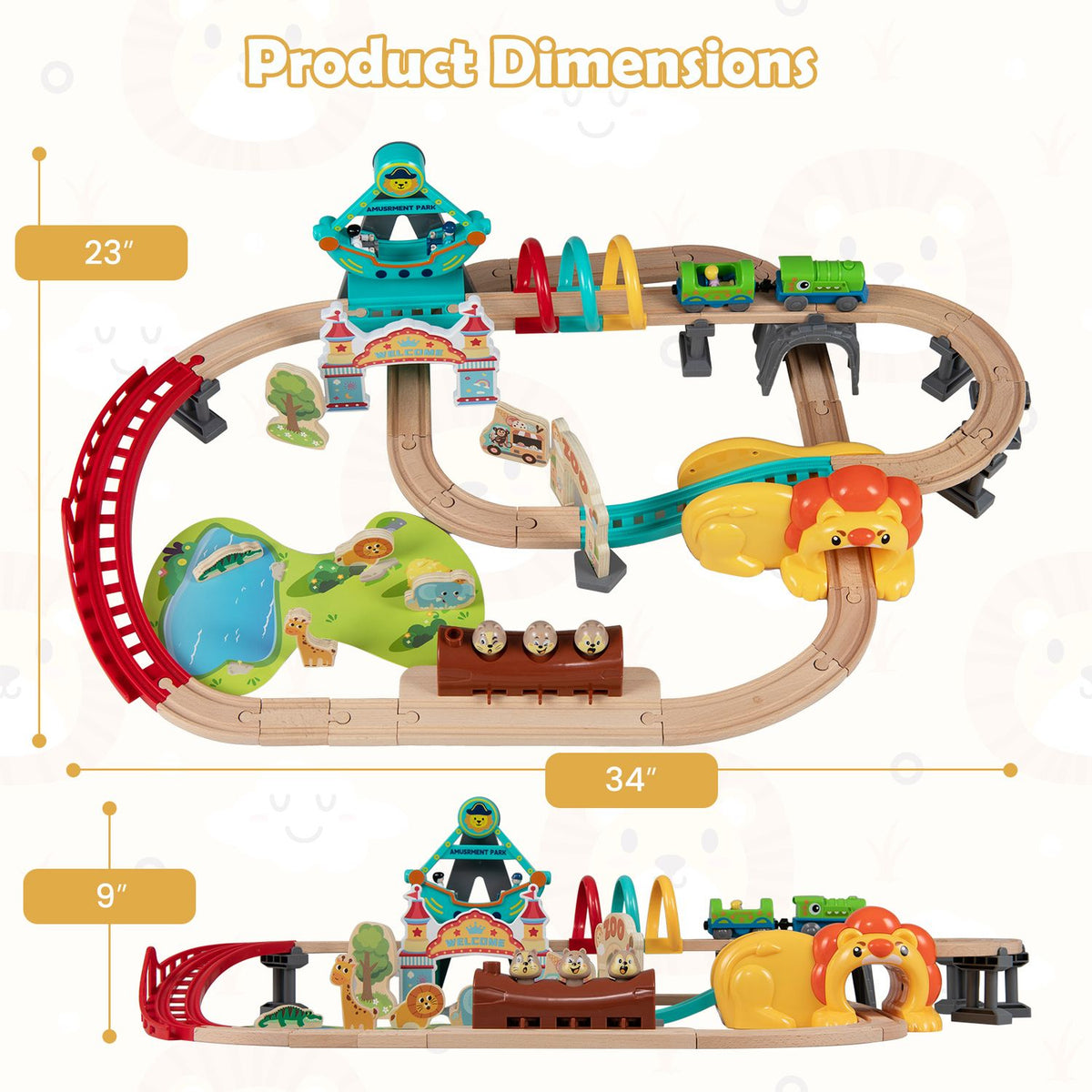 Train set shown from above and the side with measurement lines around the assembled track.