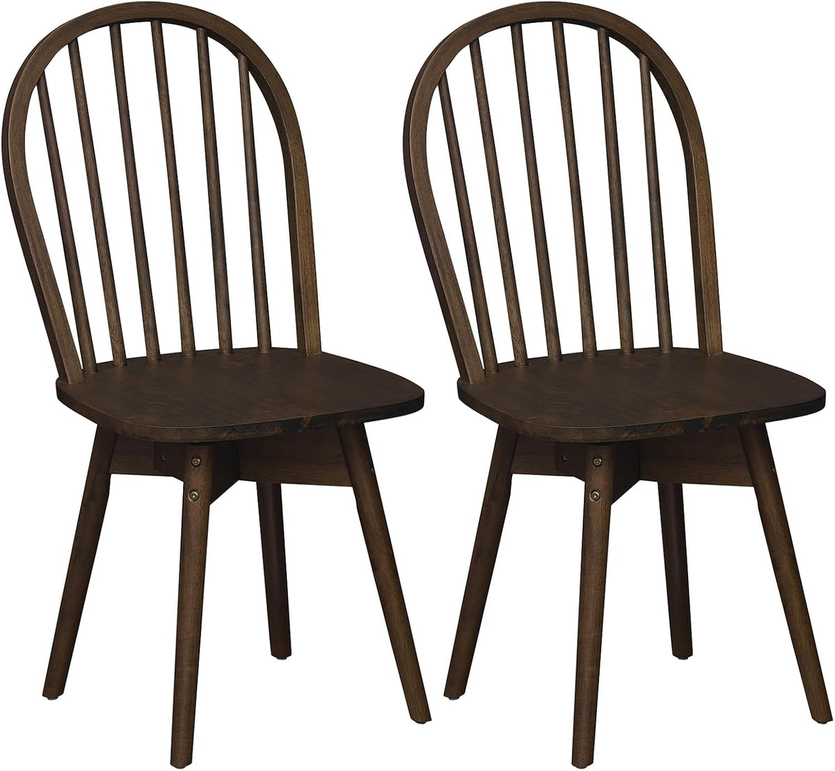 Pair of walnut spindle-back dining chairs side-by-side front view on a white background