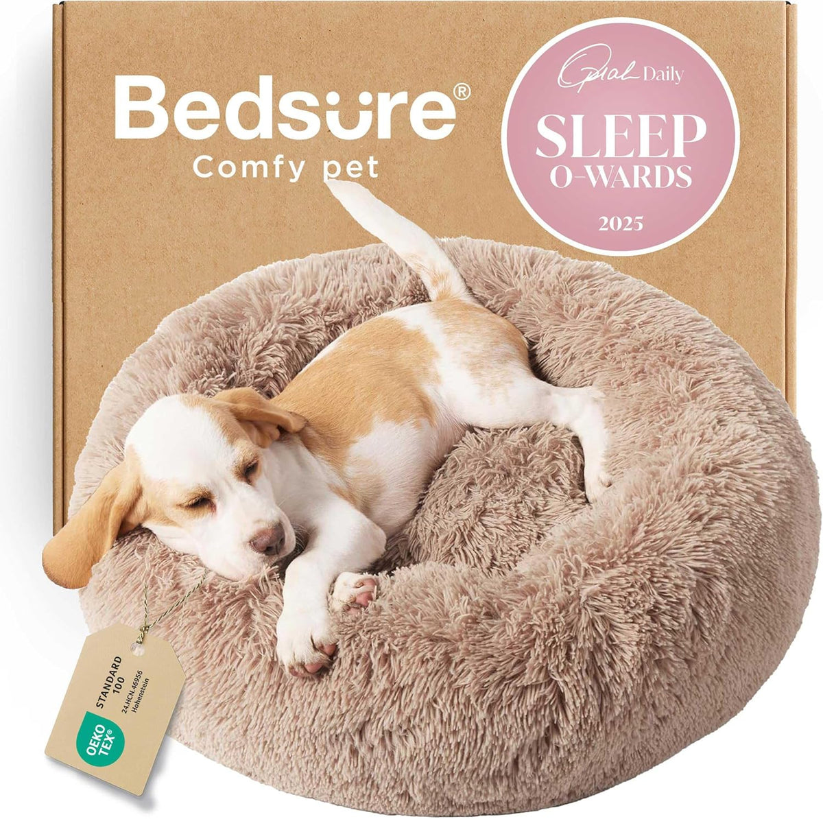 Beige faux-fur round donut pet bed with a small sleeping tan-and-white dog