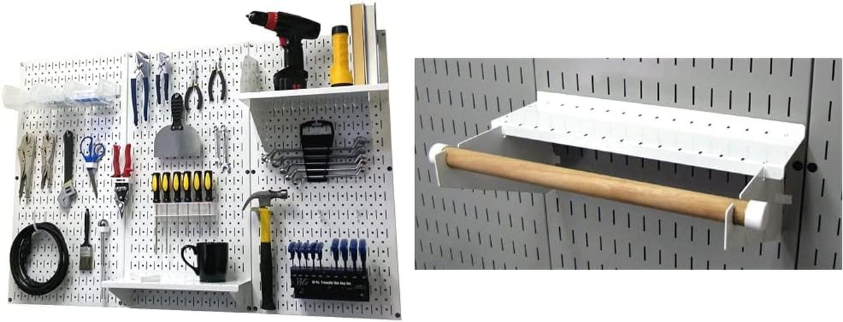 Wide white pegboard with tools on left and close-up of a shelf with wooden rod on right