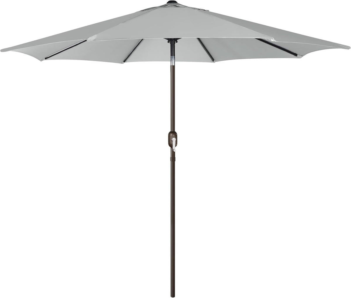 Full front view of a light-gray patio umbrella with crank handle and straight pole.
