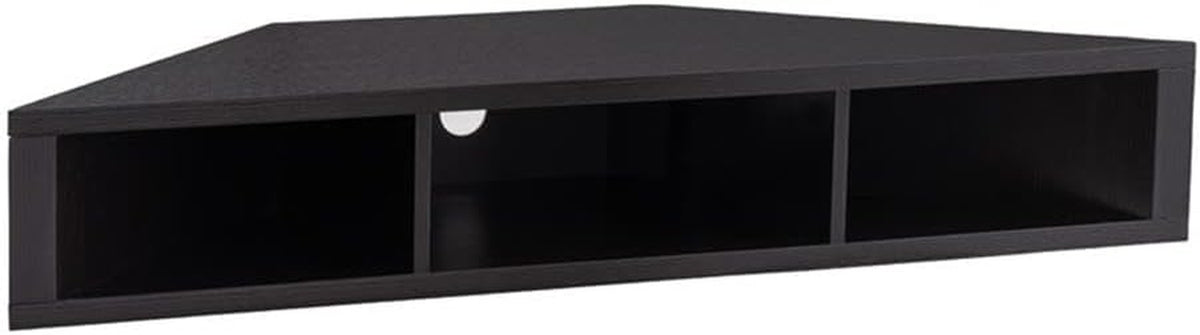 Cappuccino corner floating TV stand front view with three open compartments and round cable cutout
