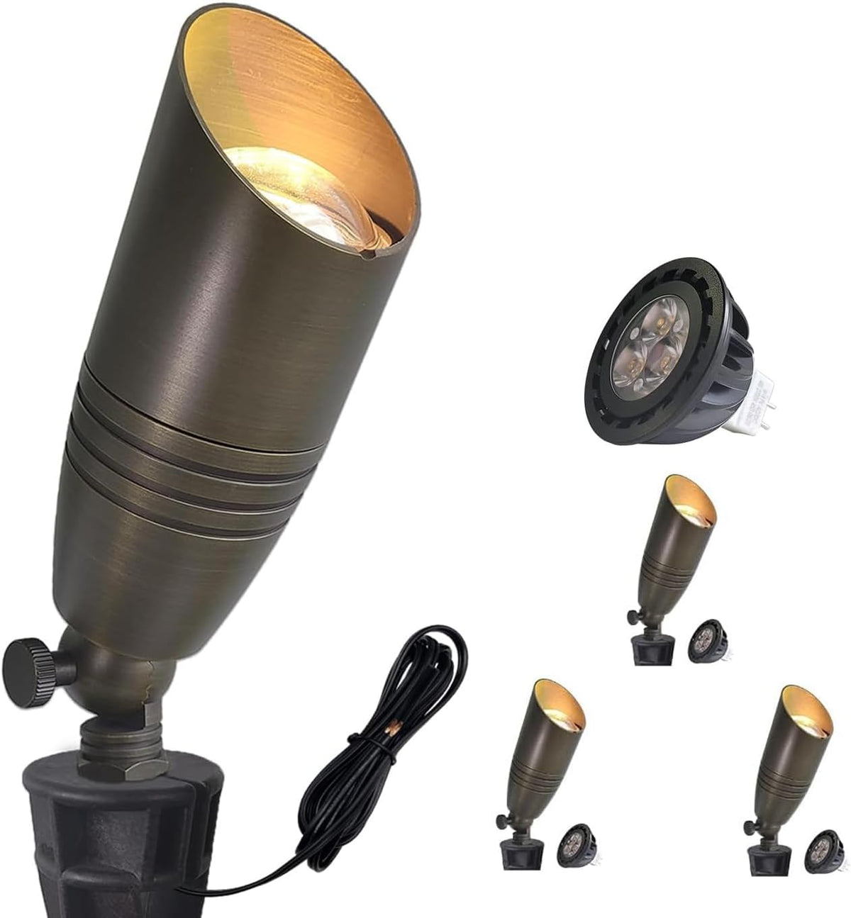 Close-up of a bronze stake-mounted spotlight with cord, shown alongside an MR16 bulb and three smaller fixture views.