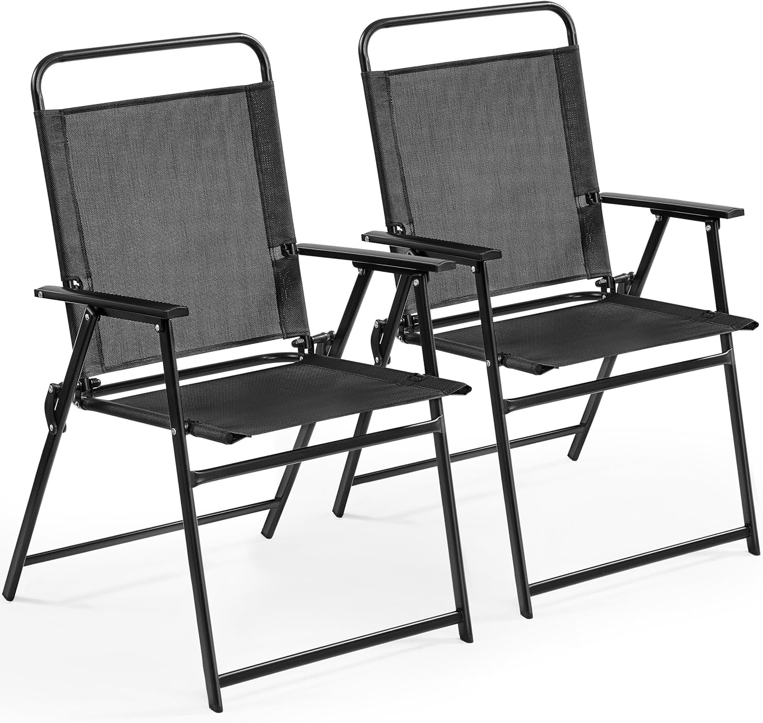 Black Texteline folding patio chairs, two-piece set, angled front view on white background