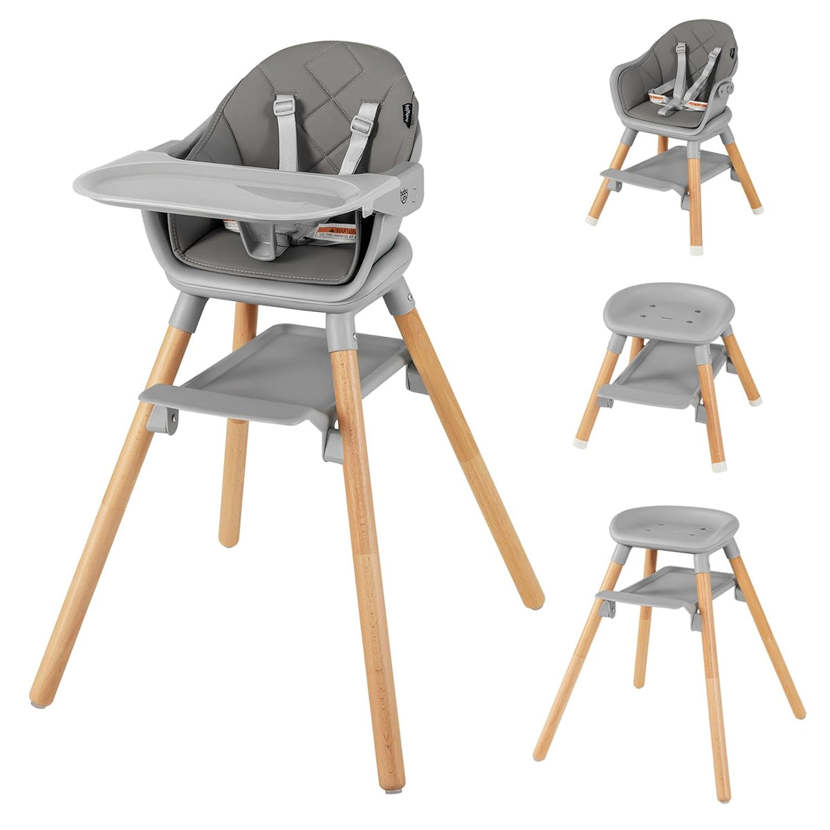 Another gray highchair variant on wooden legs shown in multiple conversion setups against white background.